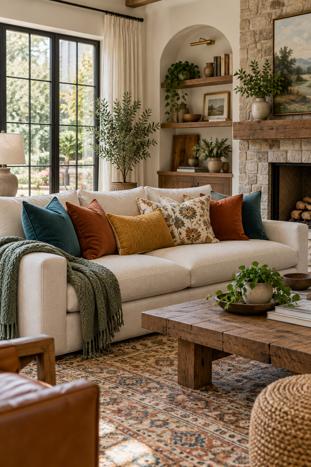 Colorful teal, rust, mustard, and patterned pillows in a bright living room